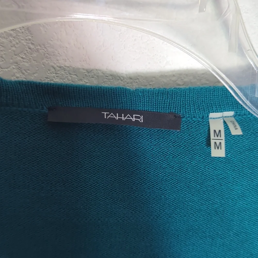 Tahari Womens Cardigan Sweater Teal Green Quiet Luxury Jewel Tone‎ Ribbon Medium